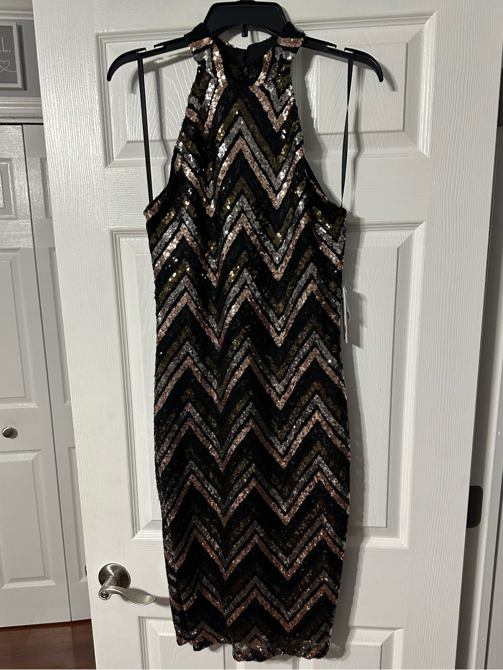 NWT Premier Amour Black/Metallic Sequin Chevron Halter Sheath Dress